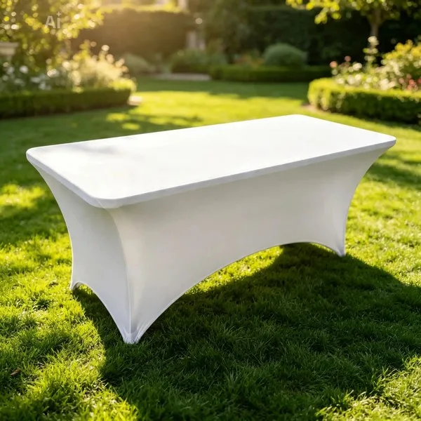 Table de buffet 200 cm avec réhausses et housse stretch blanche